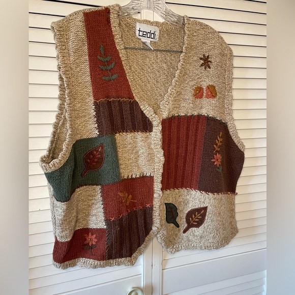 Vintage Teddi Woven Vest Button Down Fall Embroidered Patchwork Brown Green 2X - Picture 6 of 16